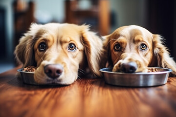 dogs unhappy with dog food ,puppy hate food ,boring in the house. - obrazy, fototapety, plakaty