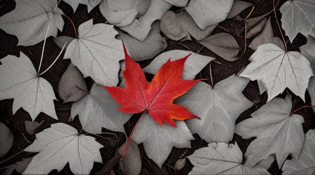 A close-up of a single, fiery red maple leaf against a backdrop of fallen leaves, showcasing the intricate veins and rich hues, AI generated, background image