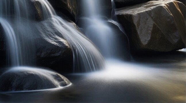 A close-up of the bottom of a misty waterfall, focusing on the textured rocks, cascading water droplets, and the ethereal play of light and shadow, AI generated, background image