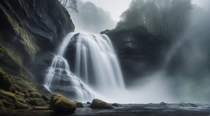 A dynamic shot of a powerful waterfall shrouded in mist, captured from a low angle, emphasizing the force and energy of the flowing water, AI generated, background image