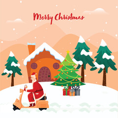 Illustration of Cheerful Santa Claus Riding Scooter with Xmas Trees, Gift Boxes, Snowy House on Peach and White Snowfall Background.
