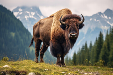 Bison on a mountain pasture - obrazy, fototapety, plakaty