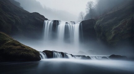 Fototapeta premium A surreal and moody photograph of a misty waterfall, with the mist and fog creating an enigmatic atmosphere, AI generated, background image