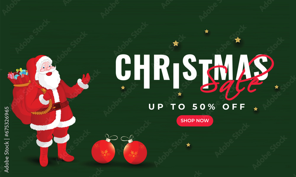 Sticker christmas sale banner or poster design with 50% discount offer, baubles and illustration of santa cl