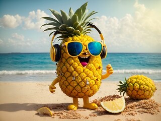 A cheerful 3D ananas character with headphones, sunglasses, on a sandy beach - obrazy, fototapety, plakaty