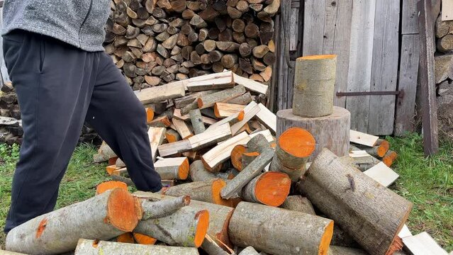 Chopping timber and firewood in village. Ax for chopping wood. Axe in for cutting timber. Firewood for heating of house. Preparation of firewood for winter. Lumberjack axe for chopping timber
