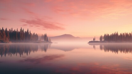 A serene lake at dawn, mist hovering over the surface, reflecting the pink and orange hues of the e