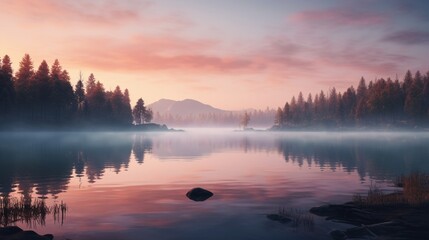 A serene lake at dawn, mist hovering over the surface, reflecting the pink and orange hues of the e