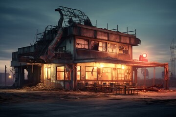Deserted factory eatery illuminated by dawn. Generative AI