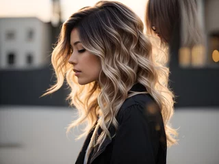 Poster stylish ombré hairstyle with dark roots transitioning to lighter blonde ends © Meeza