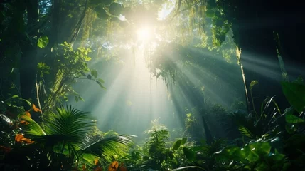 Fotobehang A sunbeam piercing through the canopy of a dense jungle, illuminating the vibrant green foliage and the mist in the air.  -- © Ai Studio