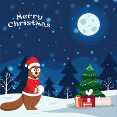 Cartoon Squirrel Holding Snowball with Gift Boxes and Decorative Xmas Tree on Full Moon Snowfall Blue Background for Merry Christmas.