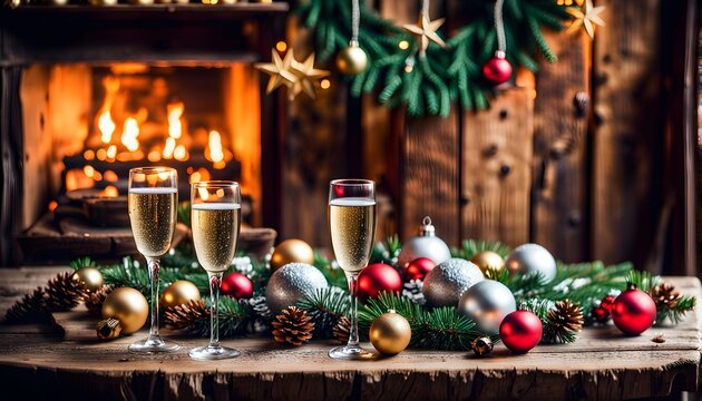 Ein festlich geschm&uuml;ckter Holztisch zu Weihnachten mit Sektgl&auml;sern und weihnachtlicher Dekoration