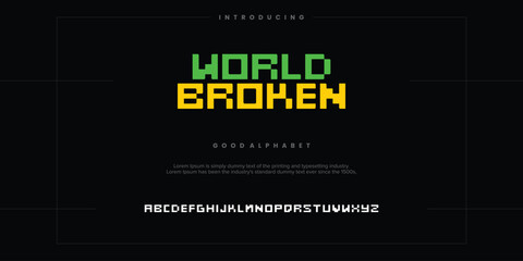 World Broken Pixelate digital alphabet font. Minimal technology typography, Creative urban sport fashion futuristic vector illustration.