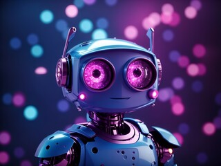 a friendly-looking cartoon robot with glowing blue eyes and purple accents