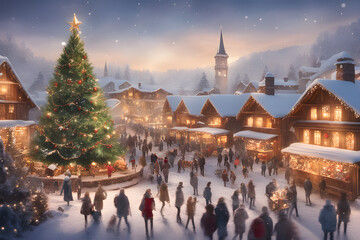 Christmas fair, there is a tall Christmas tree decorated with garlands, various chalets and tents with food, drinks and Christmas souvenirs