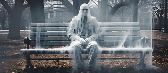 ghost on the bench. AI generated. - obrazy, fototapety, plakaty