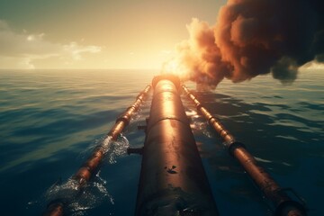 Underwater gas pipeline destruction with an explosion and gas leak on the sea surface, viewed by drone. Climate risks, pollution, and war sabotage. 3D digital illustration. Generative AI - obrazy, fototapety, plakaty