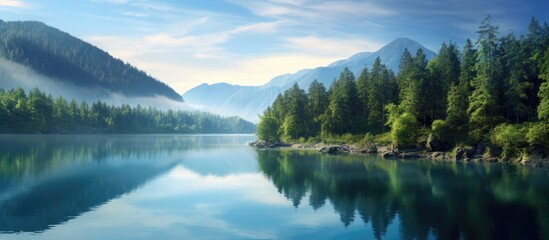 Fototapeta na wymiar The serene azure sky reflected in the shimmering water as we embarked on a journey through nature s magnificent landscape of towering trees lush forests and majestic mountains all enveloped 