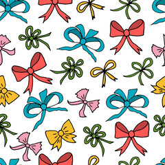 Seamless pattern, ribbon bows in hand drawn style. Vector illustration.