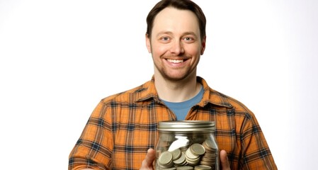 Hombre Joven sonriente Sosteniendo Bote de ahorros  con dinero dentro - obrazy, fototapety, plakaty