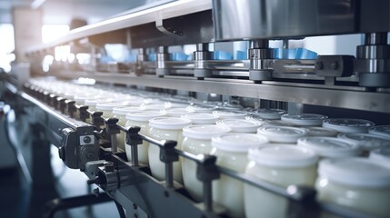 production line in a factory where yogurt cups are being filled by machinery. The cups are white with silver lids and the machinery is made of stainless steel.