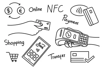 Fotobehang Contactless payment doodle design credit card smartphone shopping transaction © Sabavector