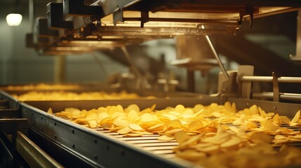 a conveyor belt in a factory where potato chips are being processed. The chips appear to be freshly fried and are moving through the production line.