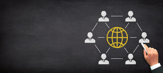 Global business network on chalkboard. Teamwork and brainstorm concept.
