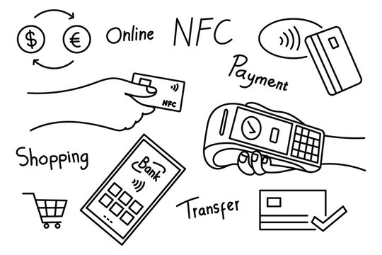 Contactless payment doodle design credit card smartphone shopping transaction
