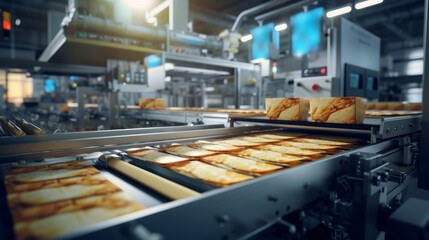 a production line in a factory where peanut brittle bars are being manufactured. The bars are being moved along a conveyor belt and packaged using automated machinery.Background