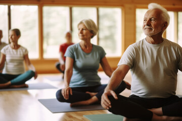 Group of active elderly people perform yoga together at a retreat center to improve their physical condition and well-being. Socialize with each other, active aging concept. - Powered by Adobe