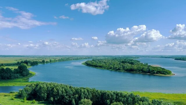 Picturesque view of the Kama River from the observation deck at the Yelabuga settlement. The movement of clouds over the river. Lower Kama National Park. Yelabuga, Republic of Tatarstan, Russia, 4K