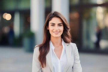 Portrait closeup of a beautiful businesswoman standing at outdoor city