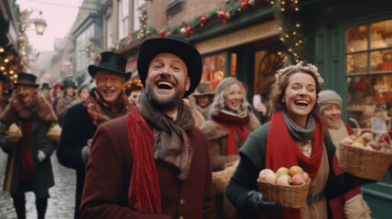Fototapeta premium a traditional Christmas market scene with people shopping and enjoying the festive atmosphere, capturing the essence of holiday celebrations.