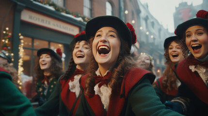 Fototapeta premium a lively Christmas parade with people dressed in festive attire, walking down a street adorned with holiday decorations, embodying the joy and tradition of the season.