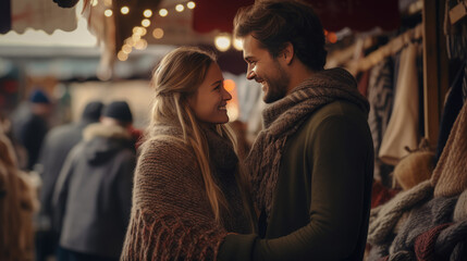 a festive scene at a Christmas market, where a couple is browsing items for sale, embodying the joy, cheer, and warmth of the holiday season.