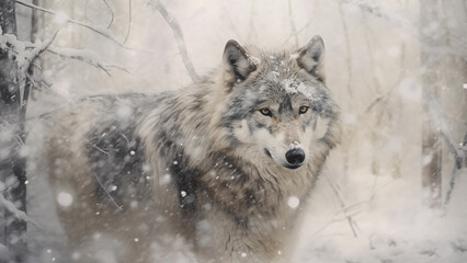 The graceful appearance of a gray wolf looking into the eyes of a photographer