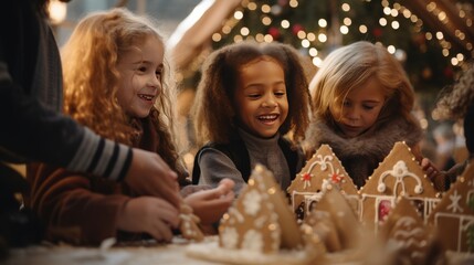 Obraz na płótnie Canvas a group of children gleefully decorating gingerbread houses at a market workshop.