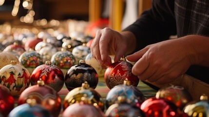 person hand decorating a Christmas tree with colorful ornaments, capturing the festive spirit and joy of the holiday season.