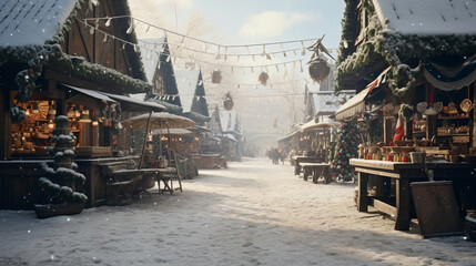 a lively Christmas market in a snowy village street, adorned with festive decorations, stalls selling various items, and a grand Christmas tree at the center, creating a cozy and festive atmosphere.