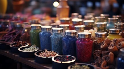 Christmas market stall selling an array of colorful spices and dried fruits, creating a vibrant and festive atmosphere.