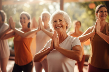 Group of active elderly people perform yoga together at a retreat center to improve their physical condition and well-being. Socialize with each other, active aging concept.