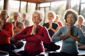 Group of active elderly people perform yoga together at a retreat center to improve their physical condition and well-being. Socialize with each other, active aging concept.