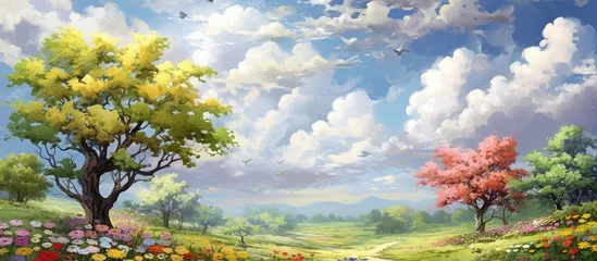 Foto op Canvas In the picturesque summer landscape the vibrant spring flowers painted a beautiful backdrop of nature with a pattern of colorful blooms against the textured wood of the trees while the sky  © TheWaterMeloonProjec