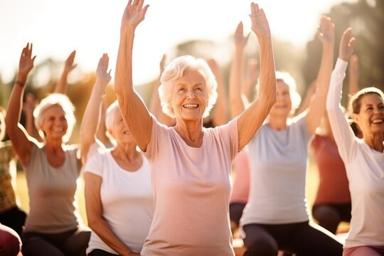 Group of active elderly people perform yoga together at a retreat center to improve their physical condition and well-being. Socialize with each other, active aging concept.