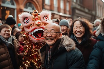 Asian senior man taking selfie for Chinese Dragon New Year. AI Generated.