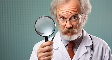 Hombre médico con estetoscopio en bata blanca aguantando una lupa fondo azul uniforme - obrazy, fototapety, plakaty