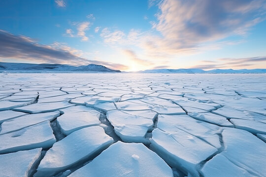 Blue ice and cracks on the surface of the ice. Frozen lake under a blue sky in the winter, forest on the background