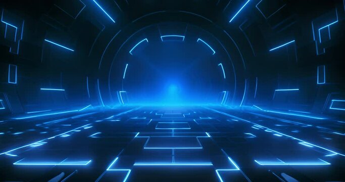 Hallway, tunnel and lights in dark blue spaceship. Empty space interior with floor movement and glowing neon lights. Electronic construction concept for future structure technology.